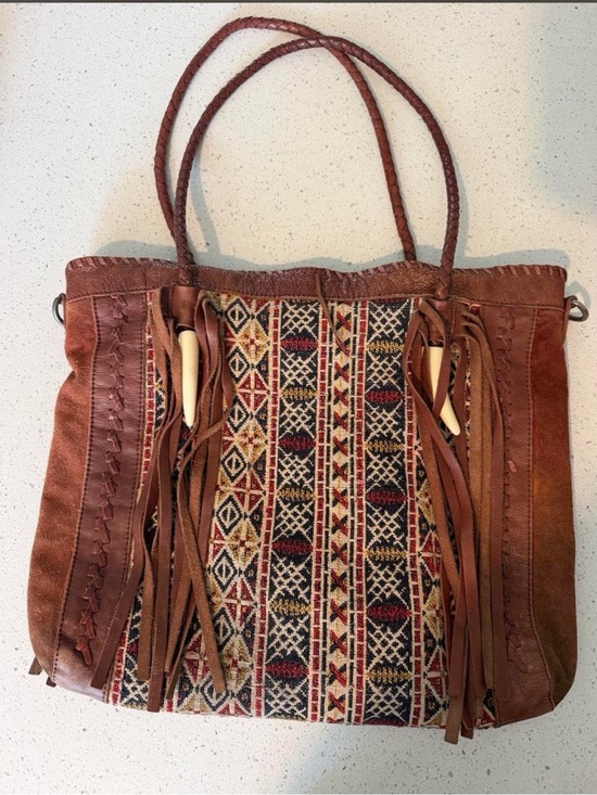 Free People Handbags - Free People Brown Suede Tote with Tribal Woven Panel and Fringe